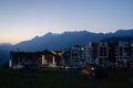 Russia, Sochi - July 4, 2019: View of mountain olympic village at sunset.