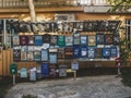 Russia, Sochi 15.06.2020. Many old multicolored letterboxes with signatures on a metal stand under a canopy on the Royalty Free Stock Photo