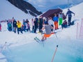 Russia, Sochi 11.05.2019. Snowboarding water competition at the ski resort Gorky-Gorod. Royalty Free Stock Photo