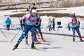 Russia sportswoman biathlete Victoria Petrova Saint Petersburg skiing on distance biathlon stadium. Junior biathlon
