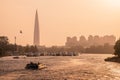 Russia, St.Peterburg. View of the Gazprom tower, anchorage of yachts and boats at the mouth of the Neva River