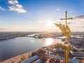 Russia, St. Petersburg, Aerial landscape of Peter and Paul cathedral at sunset, walls of fortress, Golden autumn