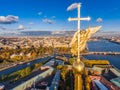 Russia, St. Petersburg, Aerial landscape of Peter and Paul cathedral at sunset, walls of fortress, Golden autumn