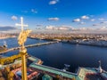 Russia, St. Petersburg, Aerial landscape of Peter and Paul cathedral at sunset, walls of fortress, Golden autumn