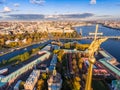 Russia, St. Petersburg, Aerial landscape of Peter and Paul cathedral at sunset, walls of fortress, Golden autumn