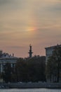 Russia, St. Petersburg, Alexander column in the early morning, stunning beauty of the sky, Sunrise, rainbow