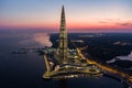 Russia, St. Petersburg, 16 August 2022: Aerial view of futuristic landscape of the highest skyscraper in Europe Lakhta