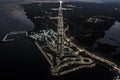 Russia, St. Petersburg, 16 August 2022: Aerial view of futuristic landscape of the highest skyscraper in Europe Lakhta