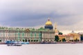 Panoramic view of the banks of the Neva River, Winter Palace Hermitage, St. Isaac`s Cathedral, Admiralty in St. Petersburg, Russi Royalty Free Stock Photo