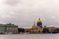 Panoramic view of the banks of the Neva River, Winter Palace Hermitage, St. Isaac`s Cathedral, Admiralty in St. Petersburg, Russi Royalty Free Stock Photo