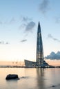Skyscraper Lakhta center on the shore of the Gulf of Finland at sunset. Lahta-center. Royalty Free Stock Photo