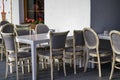 Russia, St. Petersburg - August 20, 2023: Tables and chairs in a summer cafe in the interior of a summer cafe