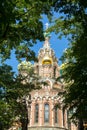 Russia, St. Petersburg, Church of the Savior on Spilled Blood in the greenery of trees.