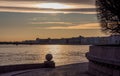 Russia, St. Petersburg, dawn over the Neva River in summer. View of the Arrow of Vasilievsky Island, elements of architecture. Sig