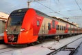 Russia, St. Petersburg - December 2, 2023: High-speed electric train Lastochka in the winter city