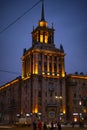 Russia, St. Petersburg - December 2, 2023: House with a spire in the Stalinist Empire style