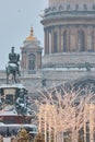 Russia, St Petersburg, 30 December 2023: people walk among Christmas trees in heavy snowfall, a park organized on Royalty Free Stock Photo