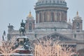 Russia, St Petersburg, 30 December 2023: people walk among Christmas trees in heavy snowfall, a park organized on Royalty Free Stock Photo