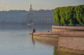 Russia, St. Petersburg, early morning on the Neva River, summer gentle dawn light, view of the arrow of Vasilievsky Island. In the