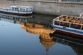 Russia, St. Petersburg, Early morning over the Moika River. An unusual extraordinary plot. Reflection of the dome of the Kazan Cat