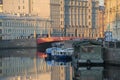 Russia, St. Petersburg, Early morning over the Moika River. View of the architecture and sights of the city. A gentle dawn morning