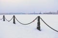 Russia, St. Petersburg, embankment near the Peter and Paul Fortress covered with snow