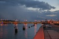 Russia, St. Petersburg, expressive night embankment, University embankment, view of the Blagoveshchensky Bridge, unusually texture