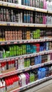 Hair styling products on shelves in a supermarket Royalty Free Stock Photo