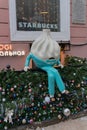 Russia, St. Petersburg, January 2022. Advertising figurine of a man-pelmeni near a cafe.