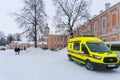 Russia, St. Petersburg, January 2022. Ambulance in the Alexander Nevsky Lavra.