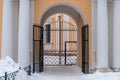 Russia, St. Petersburg, January 2022. Gate with an Orthodox cross in the Alexander Nevsky Lavra.