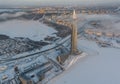 Russia, St. Petersburg, 08 January 2022: Lakhta center skyscraper in a winter frosty evening at sunset, the future main