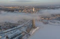 Russia, St. Petersburg, 08 January 2022: Lakhta center skyscraper in a winter frosty evening at sunset, the future main