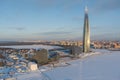 Russia, St. Petersburg, 08 January 2022: Lakhta center skyscraper in a winter frosty evening at sunset, the future main