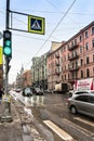 Russia, St. Petersburg, January 2020. Road signs and cars on the street in the city center. Royalty Free Stock Photo