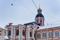Russia, St. Petersburg, January 2022. The tower of the Annunciation Church and the surrounding buildings of the monastery. Royalty Free Stock Photo