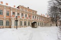 Russia, St. Petersburg, January 2022. Winter view of the courtyard of the Lavra near the Metropolitan building.