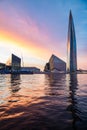 Russia, St.Petersburg, 03 July 2020: The color image of skyscraper Lakhta center at sunset, Reflection of the sunset sky