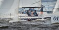 Russia, St. Petersburg, 23 July 2021: Competition of sailboats in regatta at storm weather, race, big waves, sail