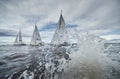 Russia, St. Petersburg, 23 July 2021: Competition of sailboats in regatta at storm weather, race, big waves, sail