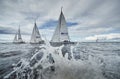 Russia, St. Petersburg, 23 July 2021: Competition of sailboats in regatta at storm weather, race, big waves, sail