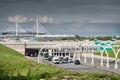 Russia, St.Petersburg, 07 July 2023: Expressway of the western high-speed diameter in clear sunny weather, green lawns