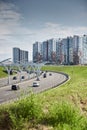 Russia, St.Petersburg, 07 July 2023: Expressway of the western high-speed diameter in clear sunny weather, green lawns