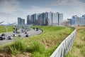 Russia, St.Petersburg, 07 July 2023: Expressway of the western high-speed diameter in clear sunny weather, green lawns