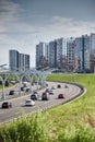 Russia, St.Petersburg, 07 July 2023: Expressway of the western high-speed diameter in clear sunny weather, green lawns