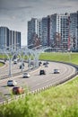 Russia, St.Petersburg, 07 July 2023: Expressway of the western high-speed diameter in clear sunny weather, green lawns