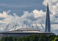 Russia, St. Petersburg, 29 July 2022: The new building of football stadium Gazprom Arena, the sliding metal roof