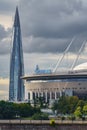 Russia, St. Petersburg, 29 July 2022: The new building of football stadium Gazprom Arena, the sliding metal roof