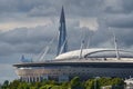 Russia, St. Petersburg, 29 July 2022: The new building of football stadium Gazprom Arena, the sliding metal roof