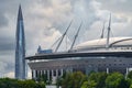 Russia, St. Petersburg, 29 July 2022: The new building of football stadium Gazprom Arena, the sliding metal roof